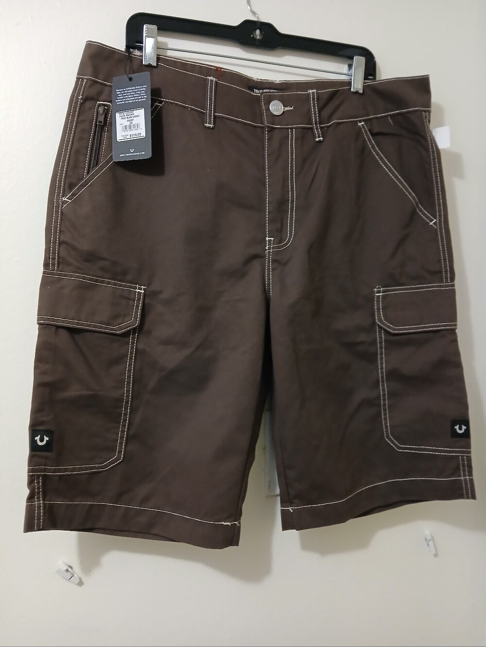 True Religion Men's Dark Brown Cargo Shorts with Contrast Stitching